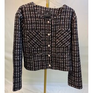 Bagatelle Women's XL Blazer Black White Metallic Sparkle Tweed Cropped Jacket